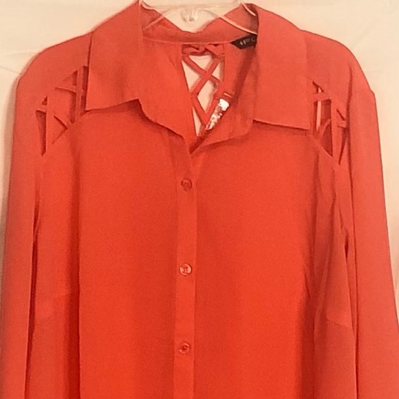Plus Moda women coral longsleeve button down semi sheer high low shirt tail - Picture 3 of 10
